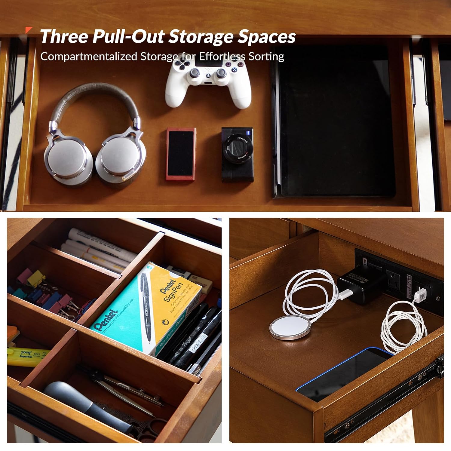 Desk Charging Station - Mid Century Desk with 3 Drawers,