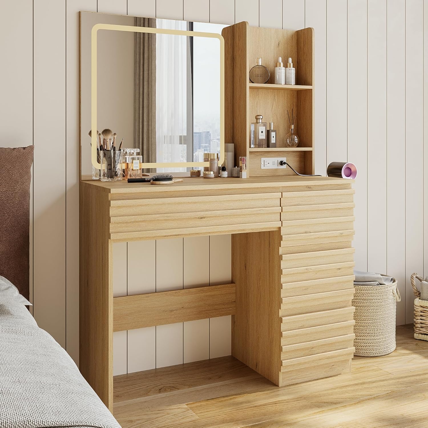 Bedroom Vanity Desk Set in Oak - Desk Charging Station ulasan dan harga