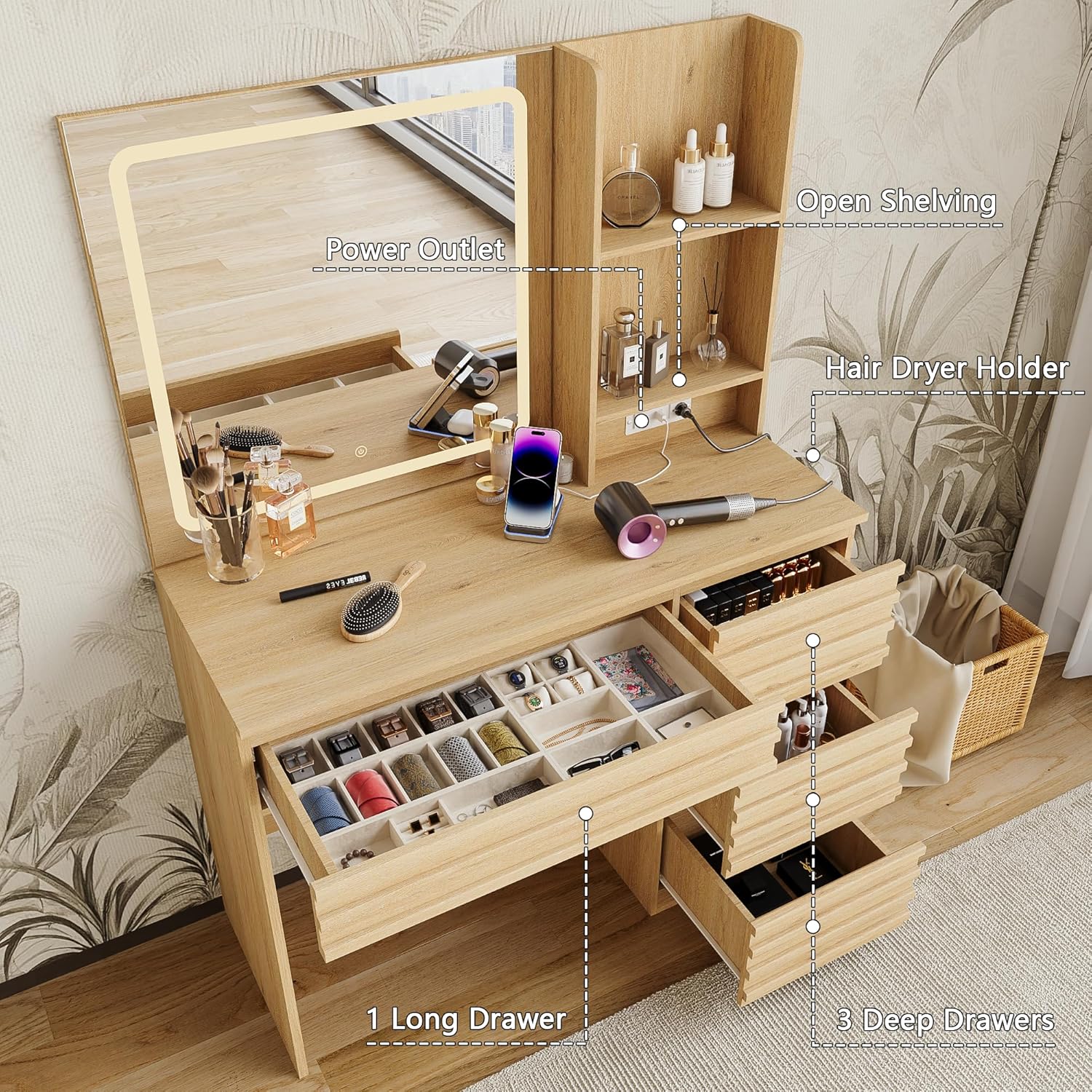 Bedroom Vanity Desk Set in Oak - Desk Charging Station ulasan dan harga