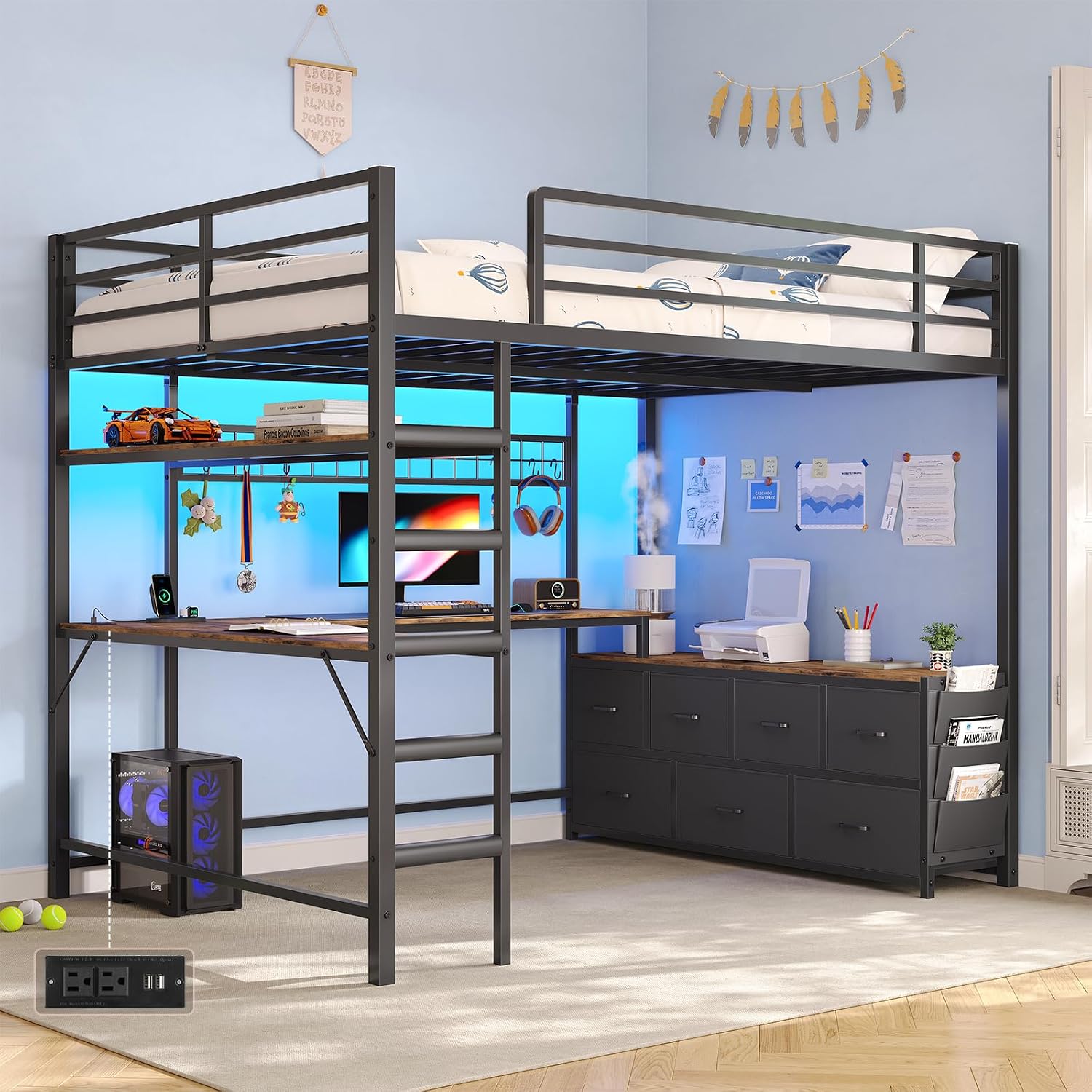 Full Size Loft Bed with U-Shap - Desk Charging Station ulasan dan harga