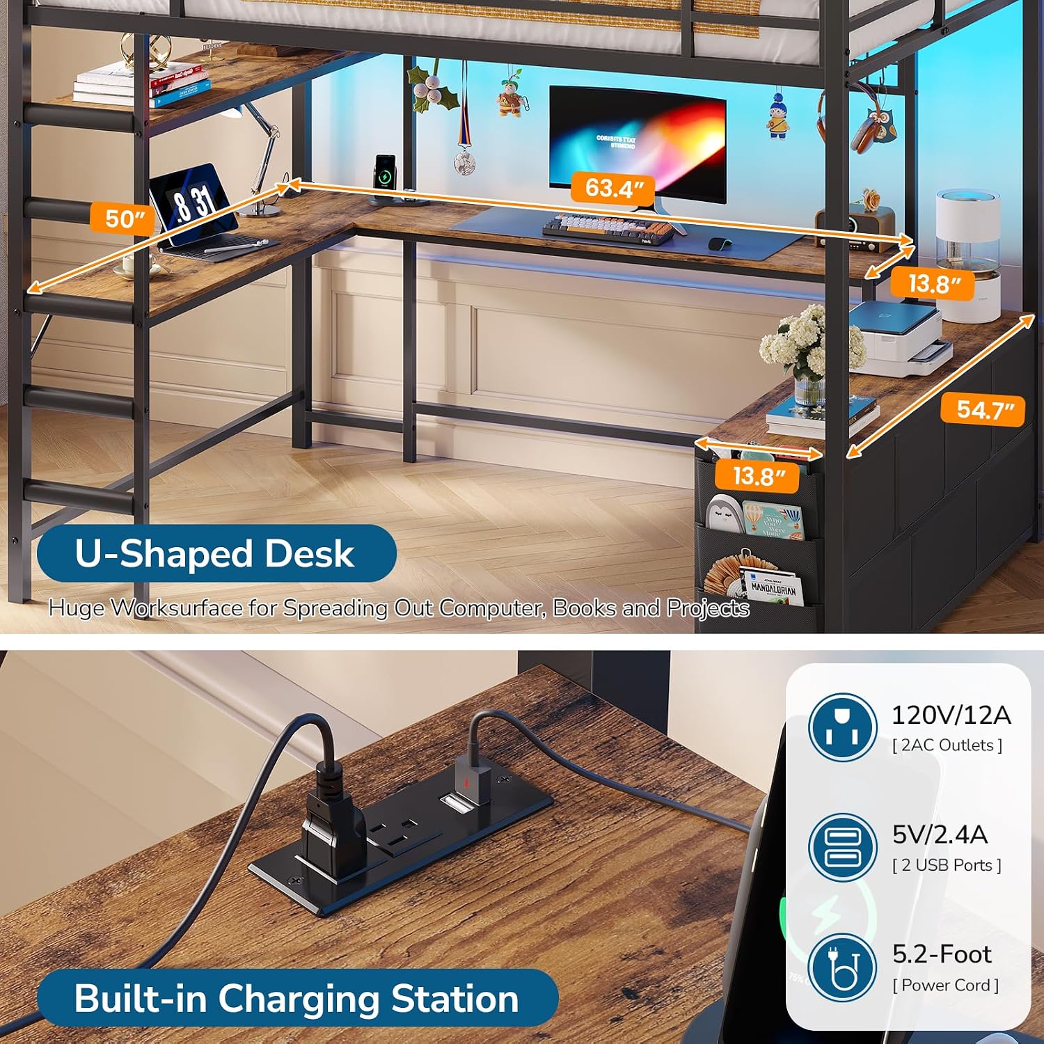 Full Size Loft Bed with U-Shap - Desk Charging Station ulasan dan harga