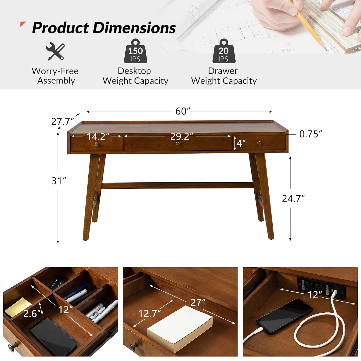 Mid Century Desk with 3 Drawer - Desk Charging Station ulasan dan harga