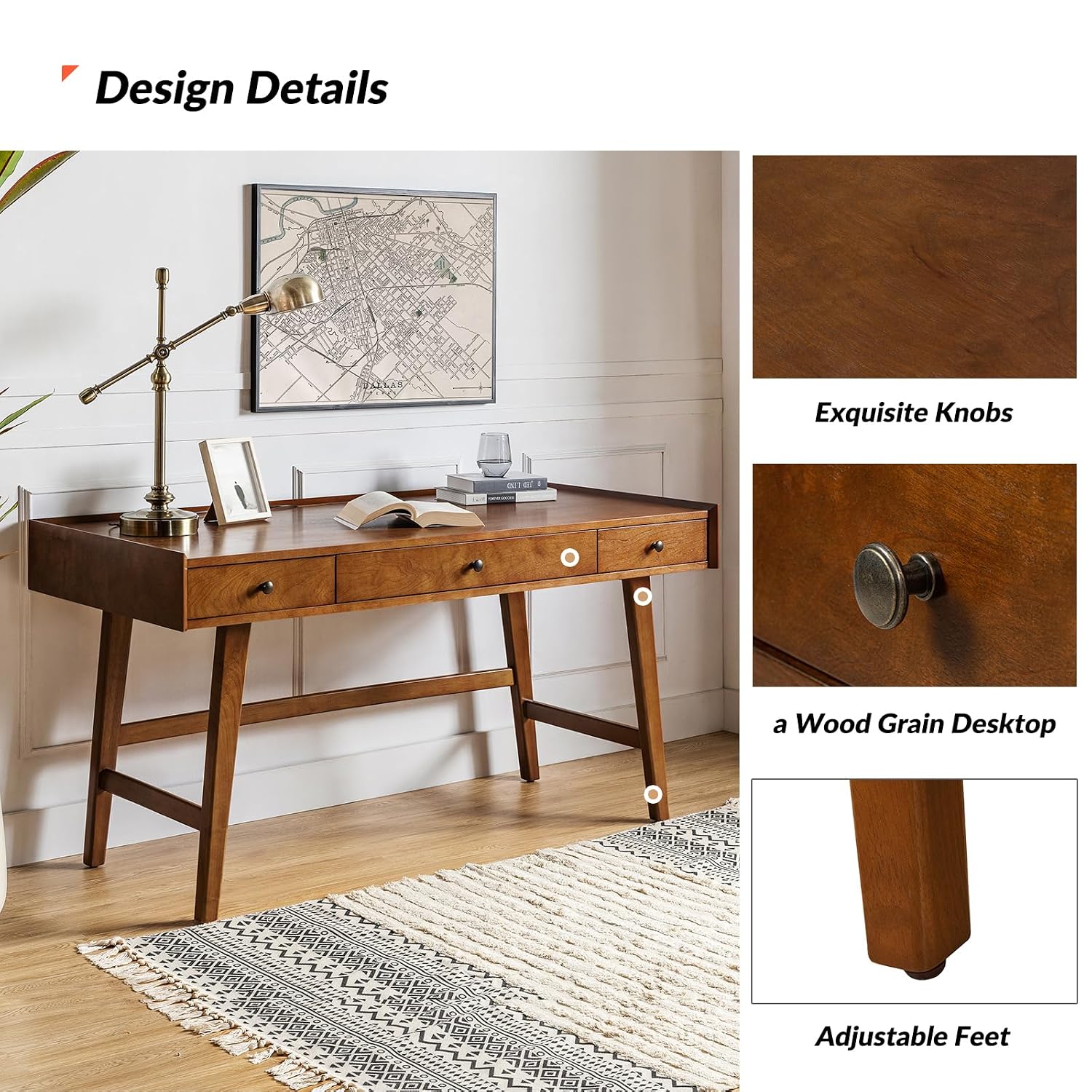 Mid Century Desk with 3 Drawer - Desk Charging Station ulasan dan harga